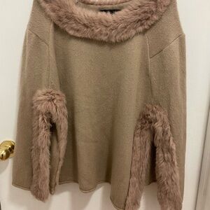 Faux Fur Trim Taupe Women's Cape Sweater